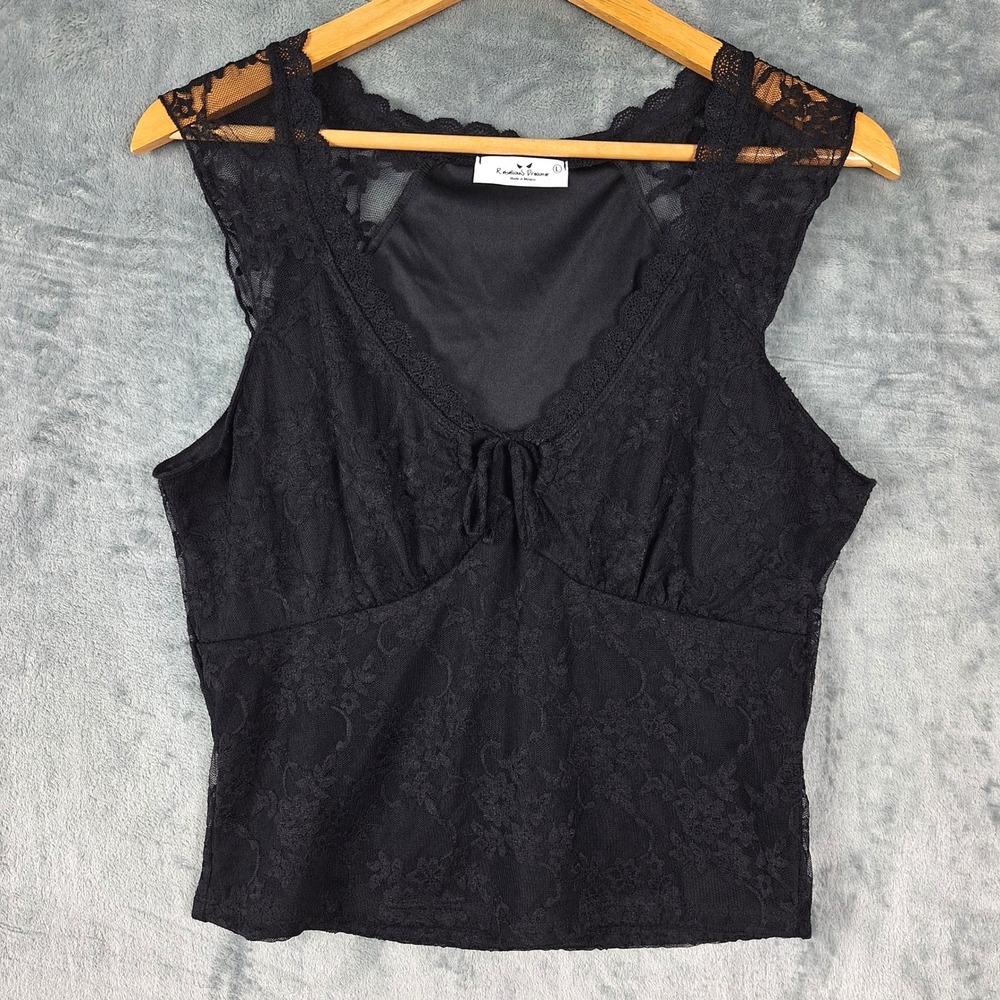 Womens Top Large Black Whimsigoth Floral Lace Babydoll Y2K Fairy Grunge Goth